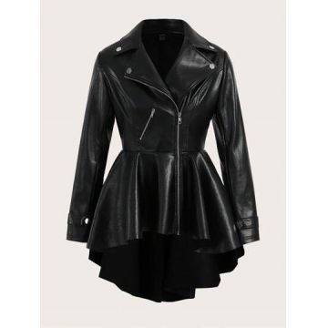 Jacheta din piele ecologica, asimetrica, cu fermoar, negru, dama, Shein