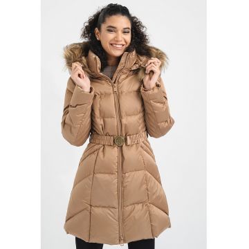 Geaca cu umplutura cu puf - gluga si aspect matlasat - Bej
