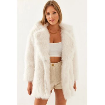 Geaca dama -  Palton din blana artificiala - Ivoire - jerseu