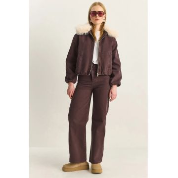 Geaca dama -  scurta din denim - detalii din blana artificiala - maro - bumbac