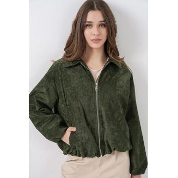 Geaca dama  supradimensionata din catifea - verde kaki - poliester - cu fermoar si buzunare