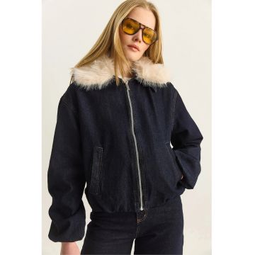 Geaca scurta din denim  detalii din blana artificiala - albastru marin - bumbac