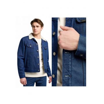 Jacheta Barbati -  Sherpa Jacket - Regular Fit - Maneca Lunga - Cu Guler - Design Clasic - Denim Aspect - Bumbac - Albastru - Albastru