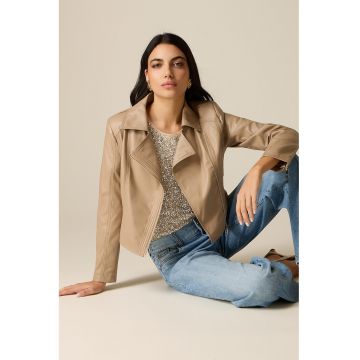 Jacheta biker de piele ecologica cu buzunare cu fermoar - Maro camel