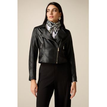 Jacheta biker de piele ecologica cu buzunare cu fermoar - Negru