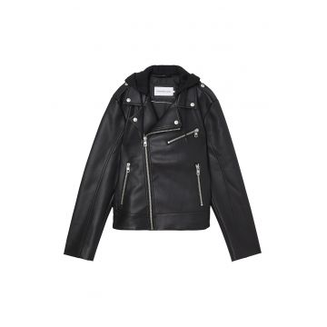Jacheta biker de piele ecologica cu gluga - Negru