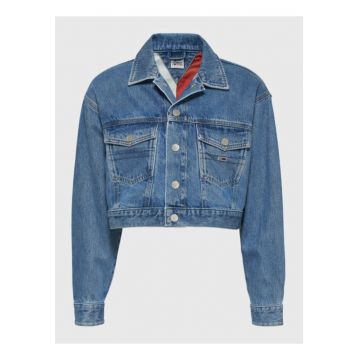 Jacheta crop de denim cu maneci cazute - Albastru