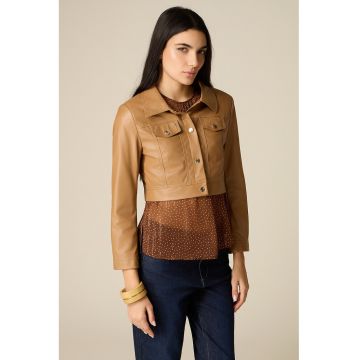 Jacheta crop din piele sintetica cu guler - Maro camel