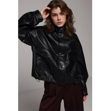 Jacheta de piele ecologica cu gluga - Negru