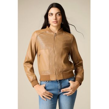 Jacheta de piele sintetica cu perforatii decorative - Maro camel