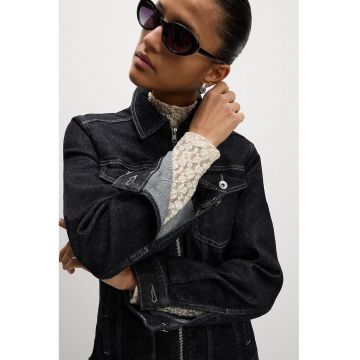 Jacheta din denim cu fermoar - Alb/Negru stins