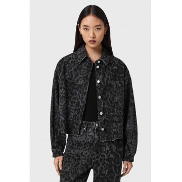 Jacheta din denim si amestec de lyocell cu animal print - Negru/Gri