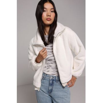 Jacheta din teddy cu guler inalt - Alb