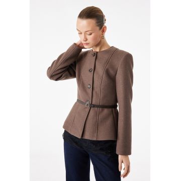 Jacheta slim fit cu nasturi si curea - Maro inchis