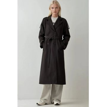 Palton dama -  lung - doua randuri de nasturi - negru - poliester -