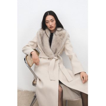 Palton din amestec de lana cu cordon in talie - Bej deschis