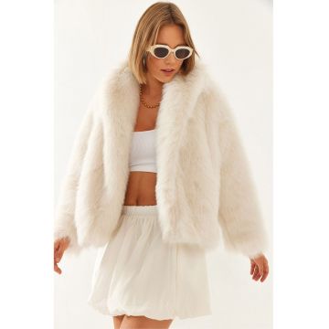 Palton din blana artificiala  cu guler sal - Natur/Bej