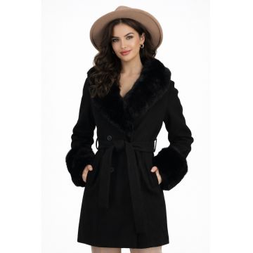 Palton din stofa cu blana ecologica la guler si mansete - Negru