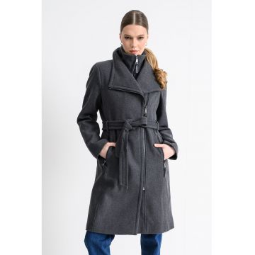 Palton regular-fit cu fermoar si cordon - Gri inchis