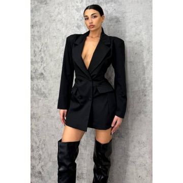 Rochie scurta tip sacou Yelina, cu umeri buretati supradimensionati, Negru, Marime S/M