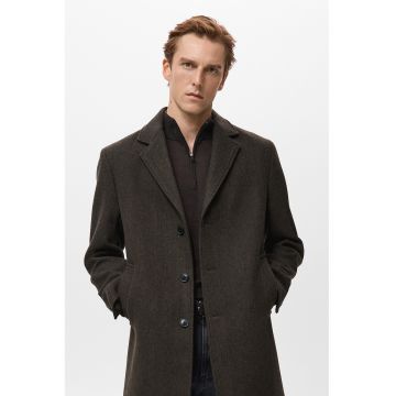 Trenci din amestec de lana cu nasturi - Maro inchis/Negru