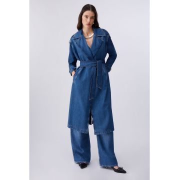 Trenci din denim cu cordon si epoleti - Albastru inchis