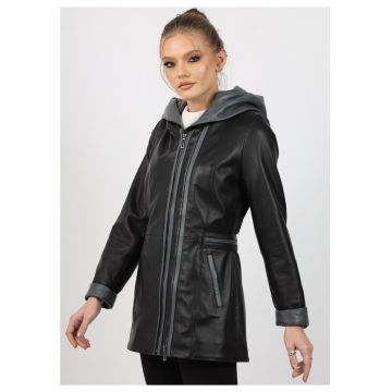 Geaca de Dama din Piele de Miel cu Gluga - Model Olimpia - Negru