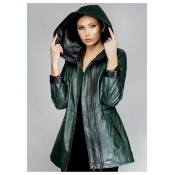 Geaca de Dama din Piele de Miel cu Gluga - Model Olimpia - Verde