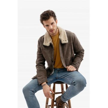 Geaca din piele cu captuseala din blana de miel Napalan - Maro inchis/Alb fildes