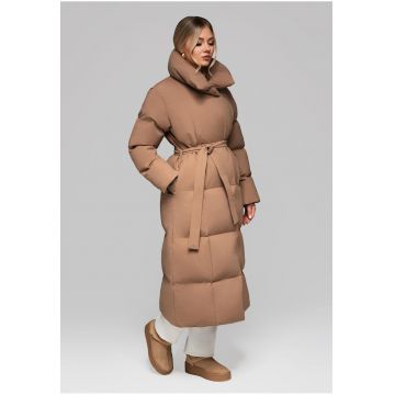 Geaca lunga matlasata cu curea  OW-JALJ-0104 - Maro camel