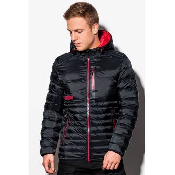 Geaca matlasata cu gluga si vatelina - Rosu/Negru