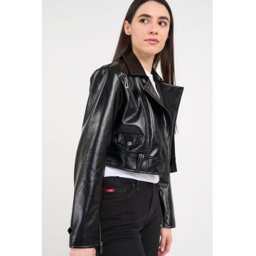 Jacheta biker crop cu revere decupate - Negru