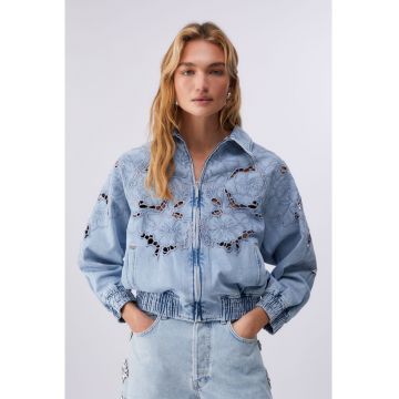 Jacheta bomber cu broderie Sangallo - Bleumarin