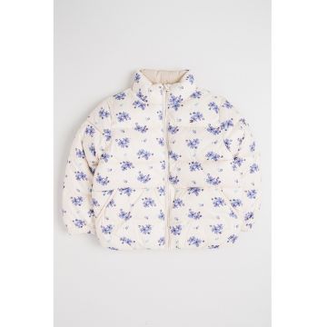 Jacheta bufanta cu model reversibil si imprimeu floral - Alb fildes/Ametist