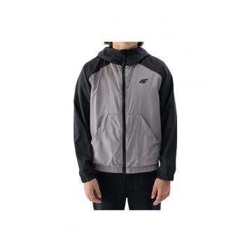 Jacheta copii  gri/negru - impermeabila - cu gluga - din poliester