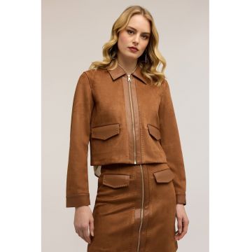 Jacheta crop de piele intoarsa sintetica - Caramel