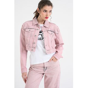 Jacheta crop din denim cu buzunare cu clapa pe piept - Roz prafuit