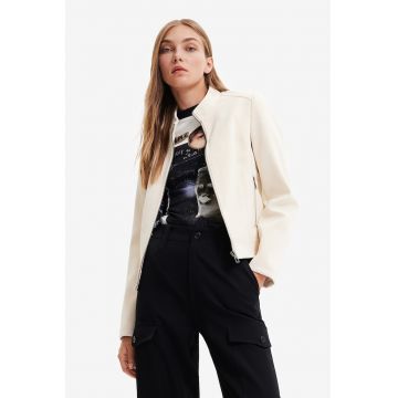 Jacheta de piele ecologica cu buzunare cu fermoar - Alb murdar