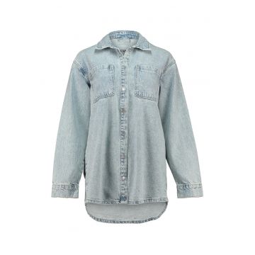 Jacheta din denim cu terminatie asimetrica si model - Albastru deschis