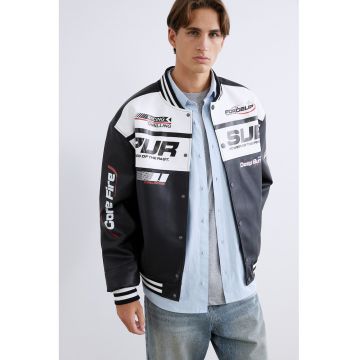 Jacheta din piele ecologica cu imprimeu text - Alb/Negru