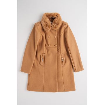 Palton din amestec de lana cu guler rotund - Caramel