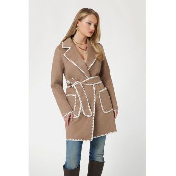 Palton din amestec din lana cu cordon in talie - Alb/Maro inchis