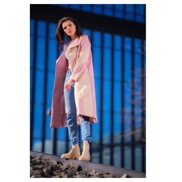 Palton elegant cu cordon in talie si croiala asimetrica pentru toamna - - Bej/Roz