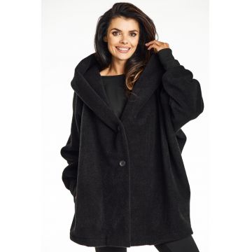 Palton tip chimono cu gluga si croiala lejera - - Negru
