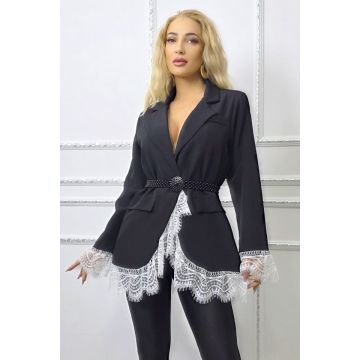 Rochie scurta sacou WALERIA, cu broderie alba din dantela, Negru, Marime S/M