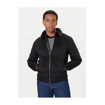 Geaca barbati -  imitatie de piele - fermoar - negru - poliester -