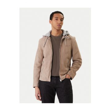 Geaca barbati -  piele naturala - fermoar - bej - 100% bumbac
