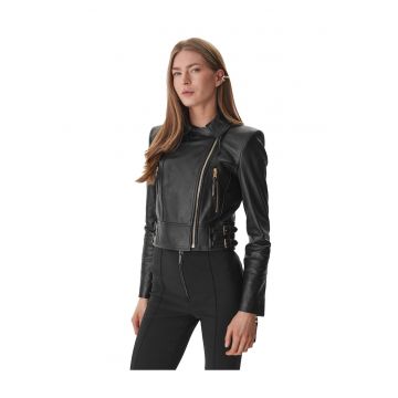 Geaca dama -  piele naturala - neagra - fermoar - buzunare cu fermoar