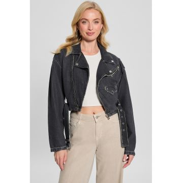 Jacheta crop biker din denim - Gri antracit