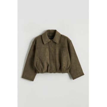 Jacheta crop din piele intoarsa ecologica - Kaki inchis